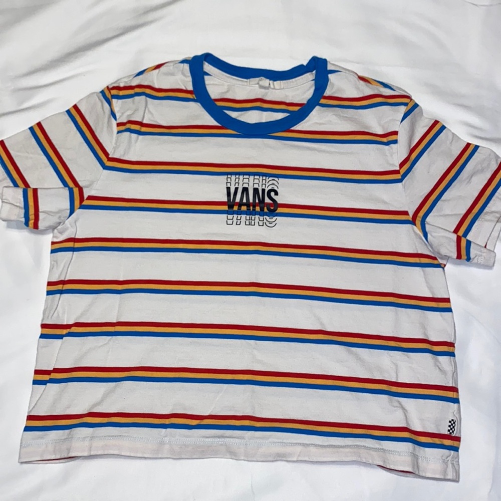 Vans, short sleeve t-shirt. Size large. White with multicolored  stripes.